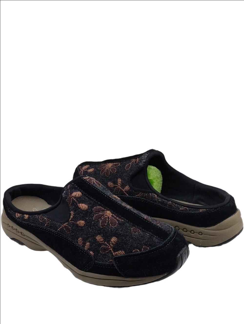Easy Spirit Triveltime Travelwools Black Wool Suede Embroidered Floral Mule Shoe